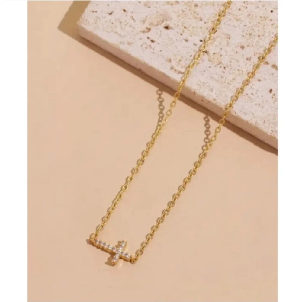 NEW! Anthropologie Delicate Sideways Tiny Cross CZ Cubic Zirconia Gold Necklace